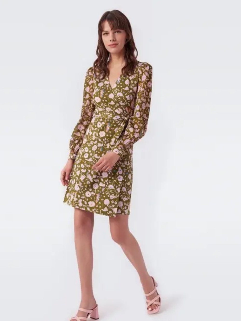 Diane von Furstenberg Gala Silk Jersey Mini Wrap Dress green pink large - Picture 1 of 16